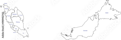 Canvas Print Detailed Outline Map of Malaysia with Administrative Borders and Internal Region
