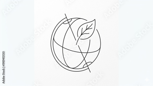 Minimalist line art of a globe with a leaf symbol on white background