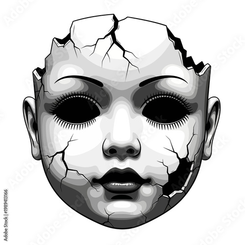 A cracked creepy broken doll face with dark eye holes