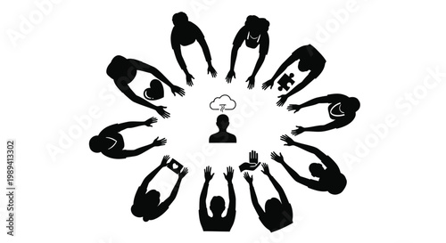 Silhouettes of people surrounding a central figure and puzzle pieces