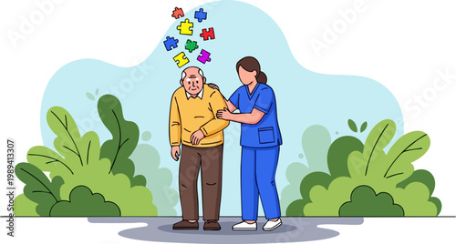 Dementia care vector illustration, senior man with puzzle pieces and nurse, alzheimer awareness and elderly healthcare concept, flat cartoon style