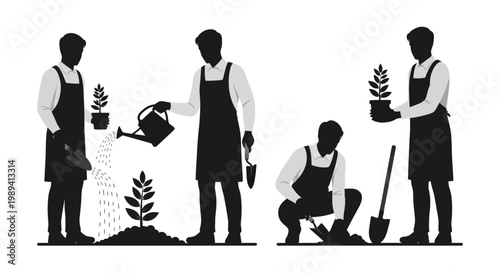 Silhouettes of gardeners performing various tasks with plants and tools