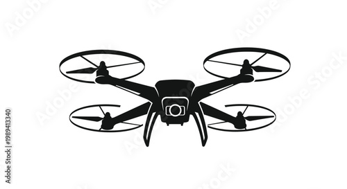 A black and white illustration of a modern quadcopter drone