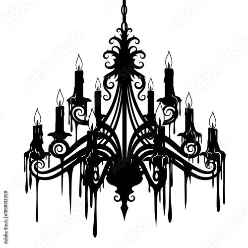 A luxurious chandelier with candle holders and ornate details hangs from the ceiling