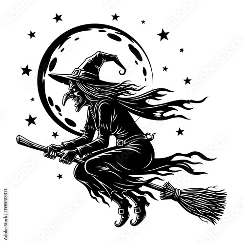 Witch flying on broomstick under starry night sky with crescent moon