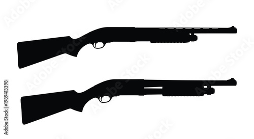 Two black silhouettes of pump action shotguns depicted against a white background silhouette