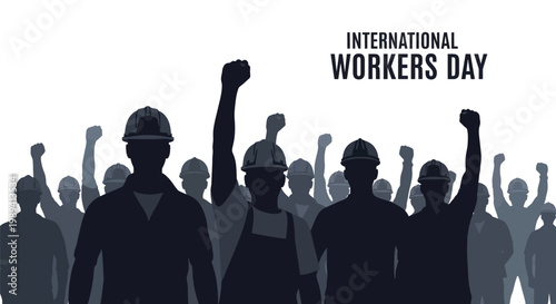 International workers day illustration with silhouettes of raised fists and workers
