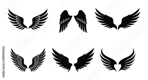 Black wing silhouettes set, 6 pairs of decorative bird and angel wings, heraldic feather wing icons for logo design and tattoo art