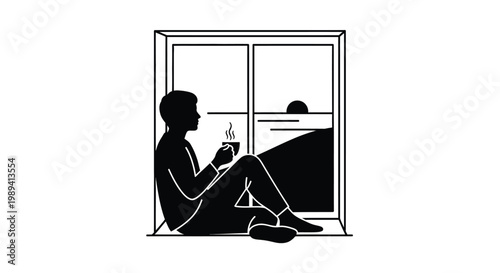 A person sits in a window frame enjoying a warm beverage