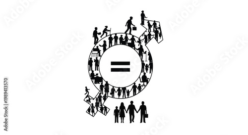 Equality symbol composed of diverse silhouettes of people interacting
