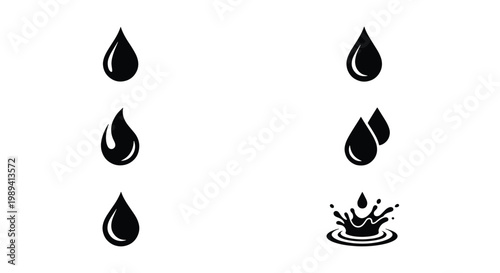Black water drop icons set, liquid splash and droplet vector collection, minimalist oil and fuel drip symbols for industrial and plumbing design