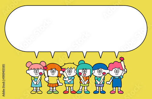 花を持つこども達と吹き出しのイラスト（ベクター）
