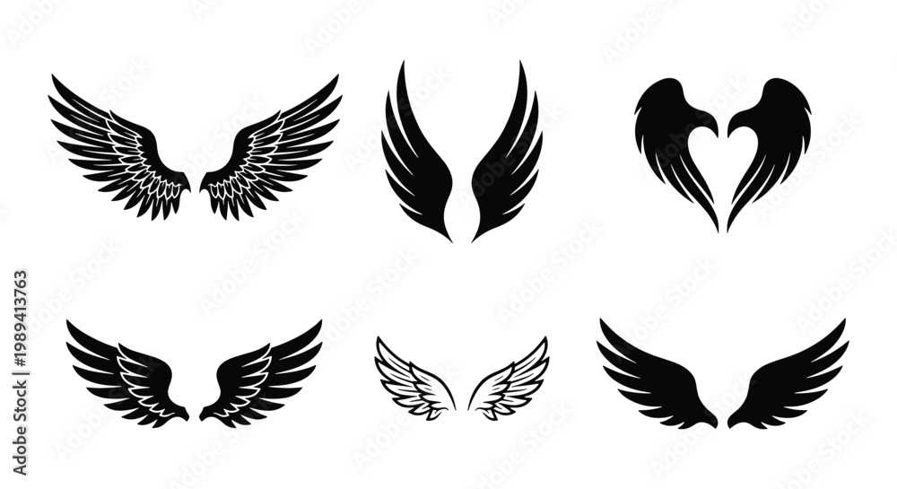 Fototapeta premium Black wing silhouette icons, set of 6 heraldic eagle and angel wings, decorative feather wing vector elements for logo design and tattoos