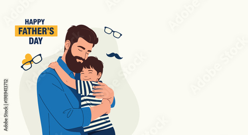 Loving father hugging young son tightly with smiling faces for fathers day celebration greeting art.
