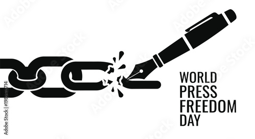 A pen breaks a chain link symbolizing world press freedom