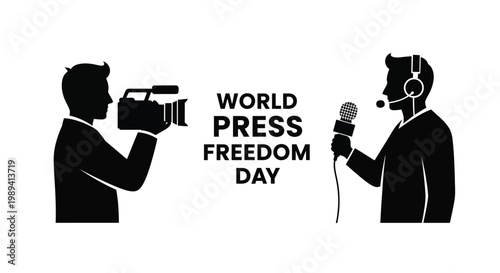 A journalist interviews a subject during a press conference or broadcast