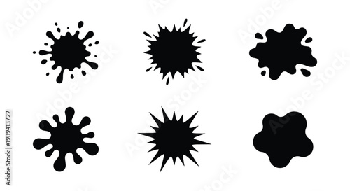 Black ink splat collection with 6 vector paint blobs, messy liquid splash silhouettes, organic grunge stain shapes for graphic design