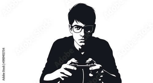 A young man intently plays a video game with a controller