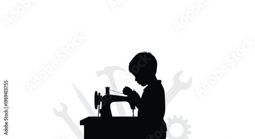 Silhouette of a child sewing with tools in the background