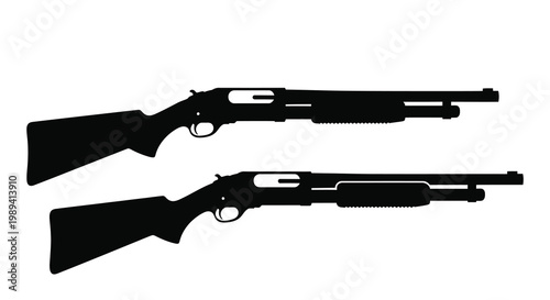 Two black silhouettes of pump action shotguns are displayed against a white background silhouette