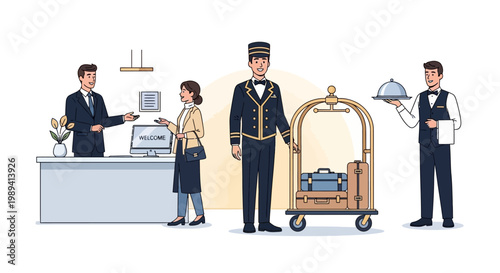 Obraz na płótnie Hotel staff assisting guests with luggage and check-in at reception desk