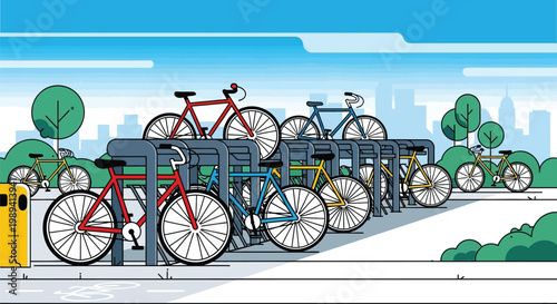 Colorful illustration depicts a row of bicycles parked in a city setting