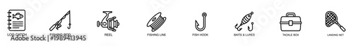 Fishing icon fishing rod reel fishing line fish hook lure tackle box landing net, minimal outline symbol set for angler gear, catch log, equipment label, monochrome vector illustration