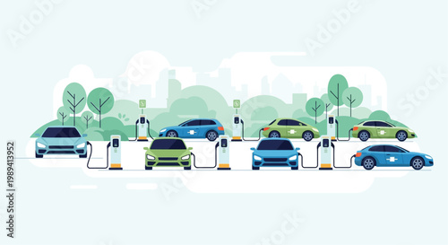 Electric vehicles charging at stations with a city skyline backdrop