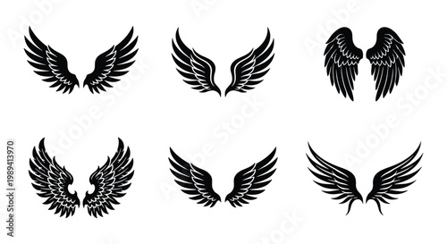 Vintage eagle wings vector set, black heraldic wing silhouettes for tattoo design, 6 pairs of feathered angel wings icons for logo branding