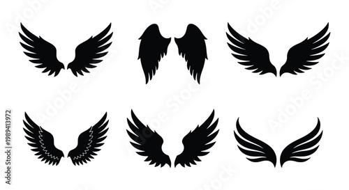 Black wings silhouette collection, set of 6 bird and angel wing vector icons, heraldic feather wing symbols for logo design and tattoo art