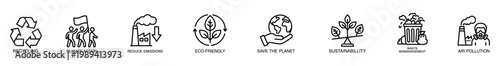 Recycling climate action emission eco friendly planet sustainability waste management pollution line icon set, minimal outline symbol for environmental awareness, conservation, green policy