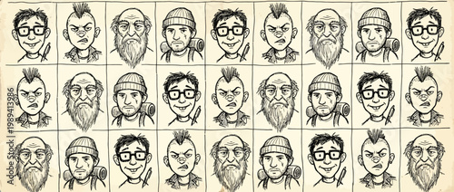 Character face avatar set. Hand drawn doodle sketch style nerd, punk, old man portrait background. Funny comic characters vintage storyboard. Diverse people emotion element. Vector illustration.