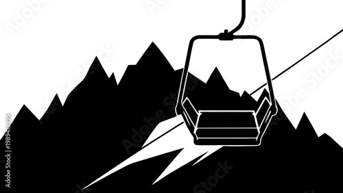 Ski Lift Chairlift and Mountain Peaks Silhouette Vector Icon Isolated on White