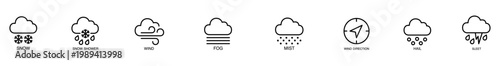 Weather icon snow shower wind fog mist direction hail sleet, clean outline graphic for forecast screen, app and website use, helpful for winter climate report