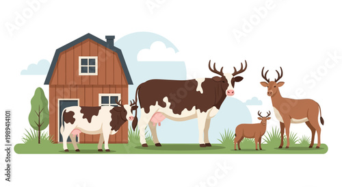 Farm animals: cows and deer in front of a barn, rural landscape illustration