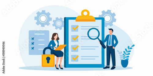 Business professionals reviewing a checklist with a magnifying glass