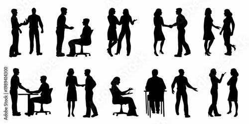 Silhouettes of people interacting in various professional and social settings