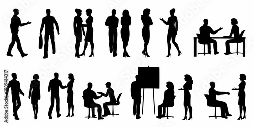 Silhouettes of diverse people in various business and social interactions