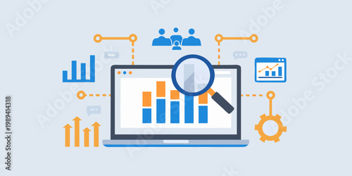 Data analysis and research concept with laptop and graphical elements