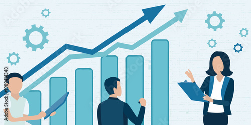 Business professionals analyzing upward trending graphs and discussing growth strategies