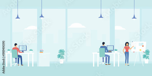 Modern open plan office space with people working at desks and collaborating