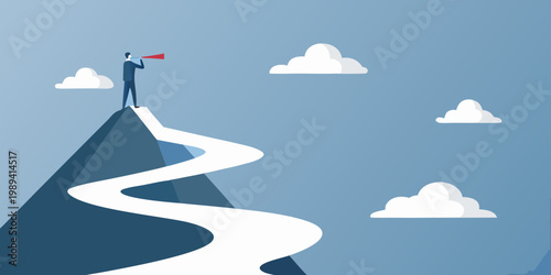 A man looks through a telescope atop a mountain searching for opportunity