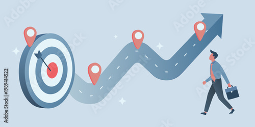 Achieving business goals a man walks towards success and a rising chart