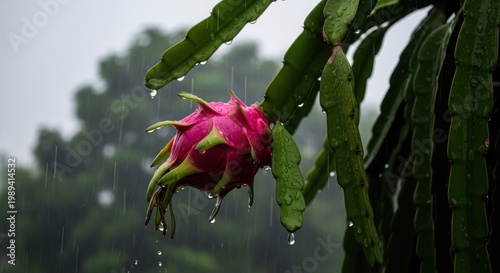 dragon fruit on plant in rain © Arthinart