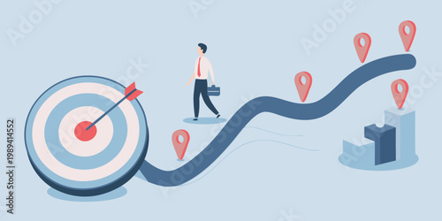 Man walking toward a target on a winding path representing business success
