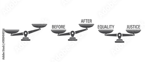 Justice scales vector set, before and after comparison of equality and balance, legal weight icons for law and social justice concepts