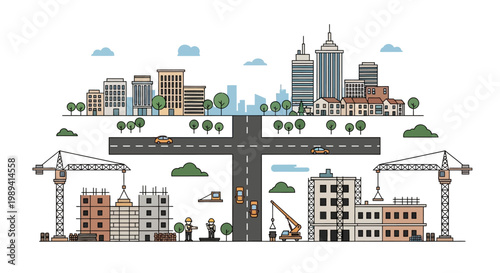 Cityscape Construction and Development with Cranes and Buildings