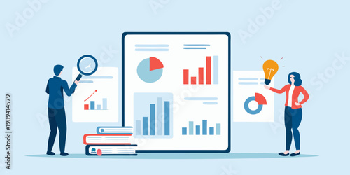 Data analysis and innovative ideas visualized with charts and people