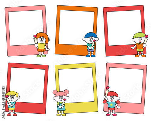 花を持つこども達のフレームセット（ベクター）