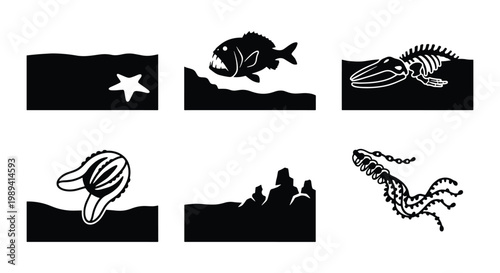 Deep sea creature icons set, black and white marine life vector illustrations, predatory fish and whale skeleton silhouettes, 6 ocean biology elements